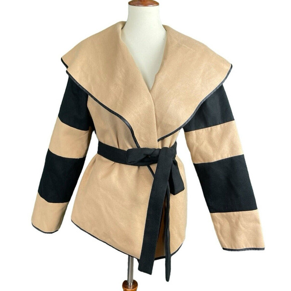 Shein Open Wrap Jacket Belted Camel Tan Black Women Size 1XL Lapel Collar - Picture 1 of 16